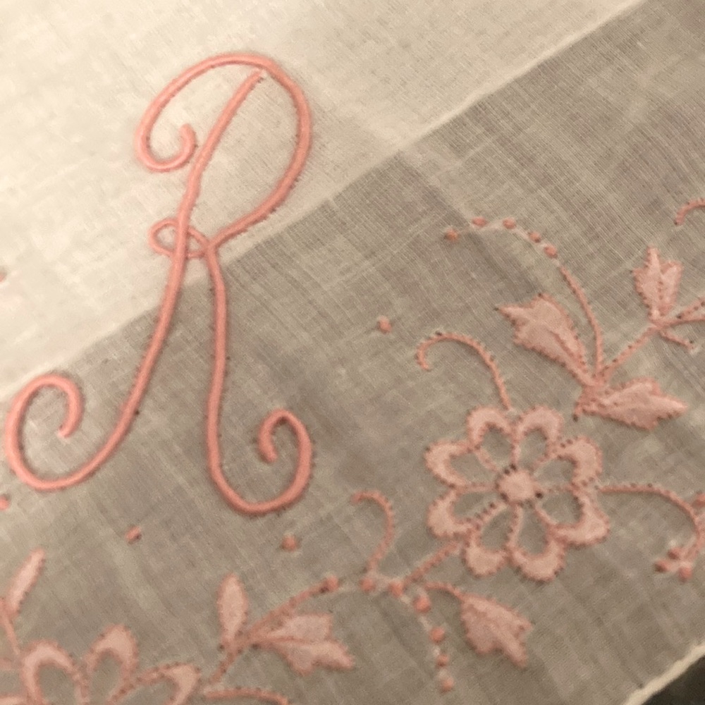Vintage Handkerchief - white with pink embroidered “R” - $7